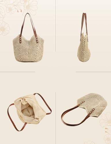 Image of Beach Bags for Women with Zipper, Large Straw Bag Woven Tote Bag Straw Shoulder Bag for Summer Vocation