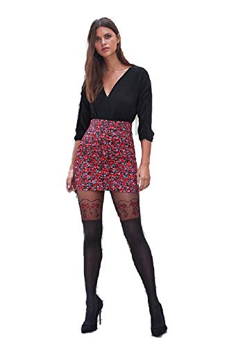 Marilyn Mock Suspender Tights Over Knee Stockings Illusion Thigh Highs (M/L, Red Rose)
