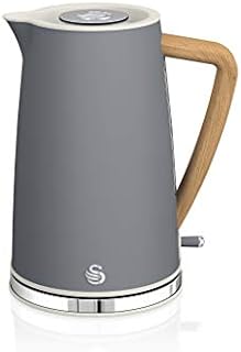 Swan Nordic Ultra szybki czajnik elektryczny, bezprzewodowy, nowoczesne wzornictwo, 1,7 l, 2200 W, uchwyt o wyglądzie drewna, automatyczne wyłączanie, szary
