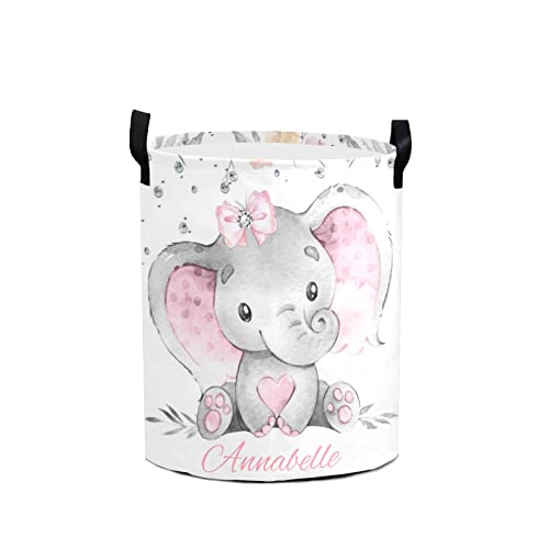 Pink Gray Elephant Diamond Personalized Waterproof Foldable Laundry Basket Bag with Handle, Custom Collapsible Clothes Hamper Storage Bin for Toys Laundry Dorm Travel Bathroom