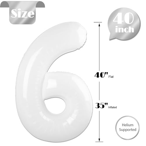 Image of White 6 Balloon, Translucent Number Balloons 40 Inch, 6th Balloons for Birthday Decorations, White Party Supplies 6 Birthday Balloon, Number 6 Balloon
