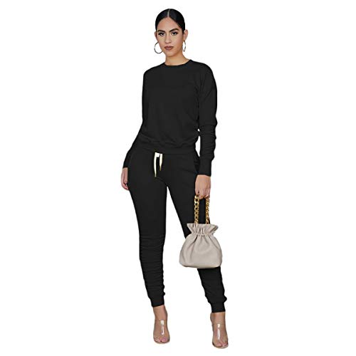 Black Sweatsuit for Women 2 Piece Outfits Sets Winter Pant Set Solid Color Sweatsuits Jogger Outfits Tracksuit Lounge Set L