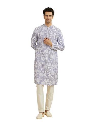 Image of Manyavar Men's Cotton Blend Floral Print Full Sleeves Long Kurta Pyjama Set (2pcs)