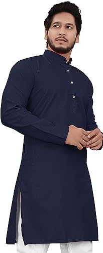 Image of Cotton Blend Full Sleeve Long Plain Kurta for Men