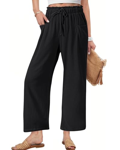 HMIYA Leinenhose Damen 7/8 Culotte Sommer Leichte Hohe Taille Hose Palazzo Leinen Freizeithose Sommerhose mit Tasche und Tunnelzug,Schwarze,L HMIYA Leinenhose Damen 7/8 Culotte Sommer Leichte Hohe Taille Hose Palazzo Leinen Freizeithose Sommerhose mit Tasche und Tunnelzug,Schwarze,L