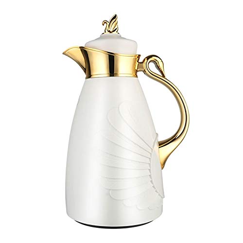 Jarra térmica al vacío/jarra de café aislada/termo de acero, 1 l, revestimiento de cristal, para café, agua caliente, té, bebidas calientes, mantiene 24 s caliente (dorado) (blanco)