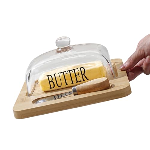 バターディッシュ,ガラス製蓋付き皿トレイ | バタープレート カッター付き - キッチンカウンター ダイニングテーブル 朝食 アウトドア ピクニック カフェ ベーカリー パーティー向け