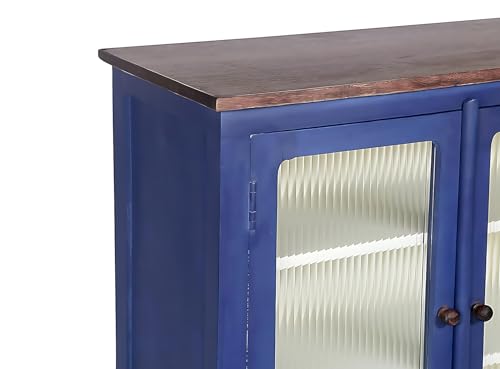 Image of APRODZ 2 Door Cabinet with Wicker Front 2 Shelves | Mango Wood Storage Organizer | Rustic Durable Stylish Wooden Furniture | Compact Design Home Decor (Blue & Off White)