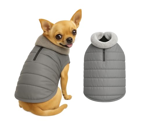 Image of The Pets Company Dog Winter Coat Jacket, Clothes, Windproof, Waterproof, Light Weight, Washable, Ultra Warm Thick Fleece Lined Dog Vest for Cold Weather Protection, (Grey, X - Small - 12 Inch)