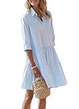 chouyatou Women's Striped Button Down Shirt Dress Loose Casual Cuffed Sleeve Tiered Mini Tunic Dress (Large, Blue)