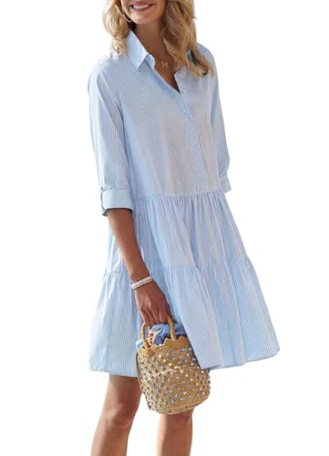 chouyatou Women's Striped Button Down Shirt Dress Loose Casual Cuffed Sleeve Tiered Mini Tunic Dress