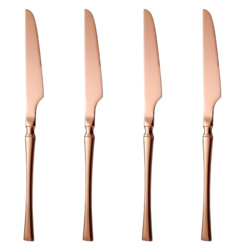 Image of Dinner Knives Set of 4 | Korean Vintage Style Flatware Steak Knife Set | Dishwasher-Safe Stainless Steel Cutlery for Home, Restaurant & Gift Giving (Rosegold)