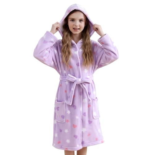 V.&GRIN Girls Fleece Hooded Robe, Kids Soft Plush Warm Printed Bathrobe Sleepwear Gifts for 5-14 Years（Lilac Heart 7-8）