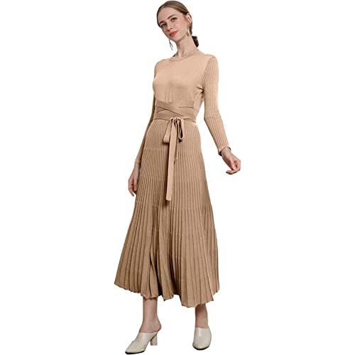 RanRui Womens Winter Fall Pleated Knitted Fit and Flare Long Sleeve Sweater Dress 6-8 A-khaki