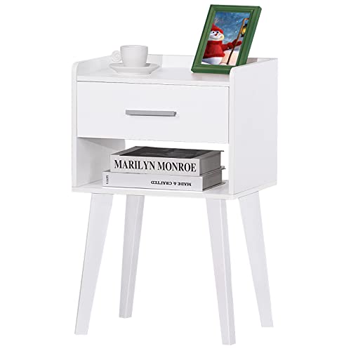 Lerliuo White Nightstand, Bed Side Table With Drawer Open Shelf, Wood Nightstands, End Table With Storage, Mid Century Night Stands For Bedrooms/Living Room/Office 26.38''H #TOP19