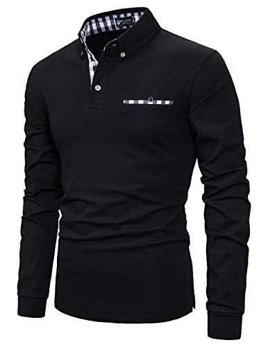 Men's Long Sleeve Polo Shirts Casual Fit Plaid Collar Cotton Golf T-Shirts3