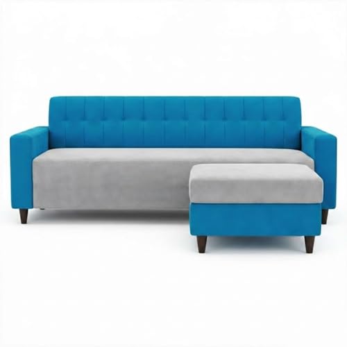 Image of FURNY Luxe 4 Seater L Shape Sofa Set with Movable Ottoman | Flexible Left or Right Layout | Plush Velvet Fabric (Aqua Blue-Light Grey) | Perfect for Living Room, Guest Room & Office