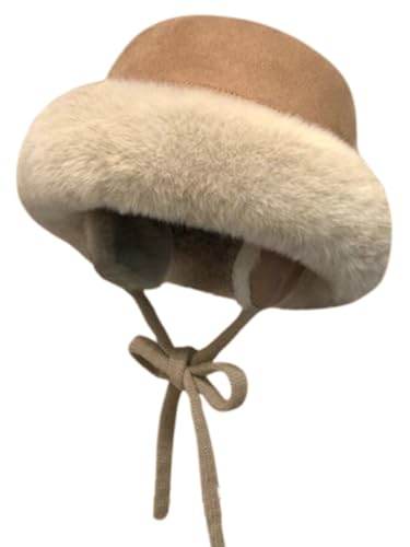 Winter Suede Bucket Hat with Ear Flaps Women Men Fuzzy Beanie Hat Faux Fur Fisherman Cap Beanies Hat Cloche Aviator Caps Khaki