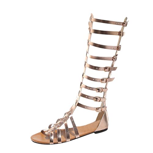 PAIDAXING Sandales de gladiateur pour femme - Bottes hautes - Style rétro - À lacets - Pour femme, doré, 39 EU