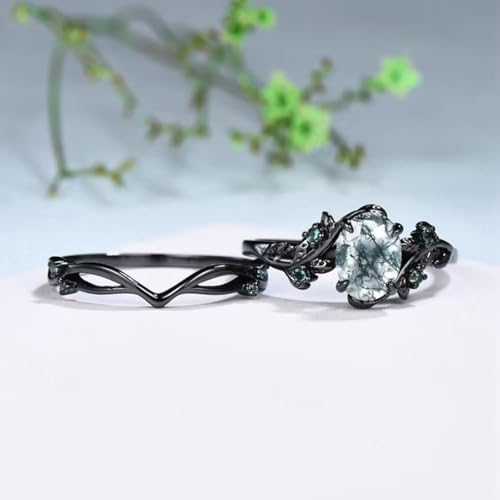 Black Gold Moss Agate Ring Set for Women, 10K 14K 18K Gold/925 Sterling Silver Vine Leaf Moss Agate Band Rings Bridal Wedding Ring Sets Gifts for Bride Wife3