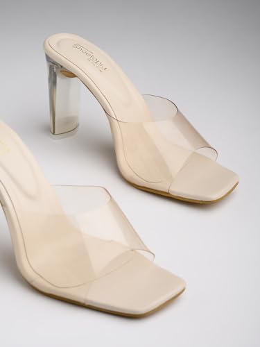 Image of Shoetopia Women's Transparent Block Heels | Stylish Square Toe Slip-On Party Comfortable Sandals