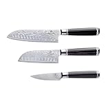 Chef Cuisine International Damastmesser Set 3-teilig, Santoku 18cm und 12,5cm, Schälmesser 9cm, 67-lagiger Klingenstahl, Pakkaholz Griff, Eisgehärtet, Handgeschliffen