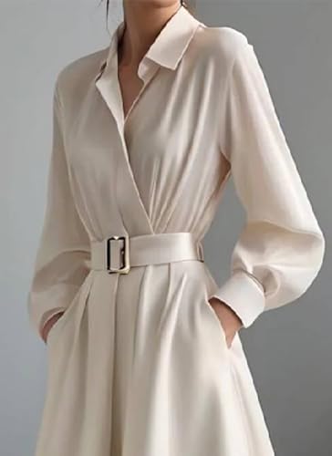 Women's Apricot Solid Long Sleeve Collared Maxi Shirt Dress with Belt and Side Slit Elegant 2025 Summer Fashion Clothes2