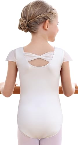 MdnMd Girls Leotard for Dance Ballet Gymnastic Outfit Child Bodysuit Bow Back Ruffle Sleeve (White Age 6-8)