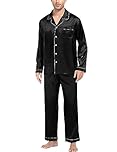 SWOMOG Mens Satin Pyjama Set Button-Down Pyjamas Silk Long Sleeve Sleepwear Black Pjs for Men