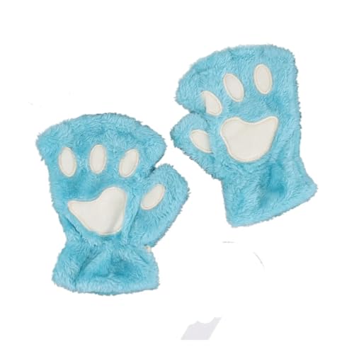 FOVAOK Kawaii Damen-Katzenhandschuhe, modisch, Damen, Katzenklaue, Pfote, Plüsch-Fäustlinge, warm, weich, kurz, fingerlos, Halbfinger, Winter, dicke Handschuhe, blau, One size
