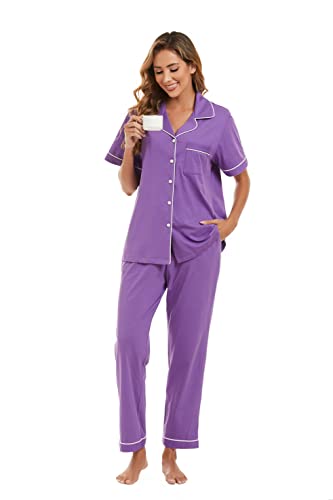 Image of COLORFULLEAF Women's 100% Cotton Pajamas Set Button Down Sleepwear Short Sleeve Shirt and Long Pants Soft Ladies Lounge Sets