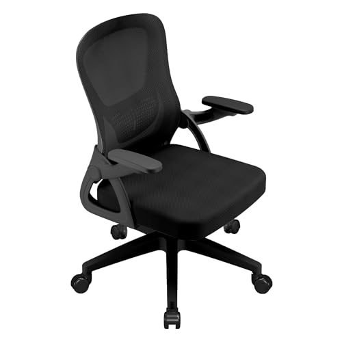 Silla de Oficina con Brazos Abatibles 90°, Tapicería de Malla Transpirable, Altura Regulable y Soporte Lumbar para Oficina en Casa y Estudio