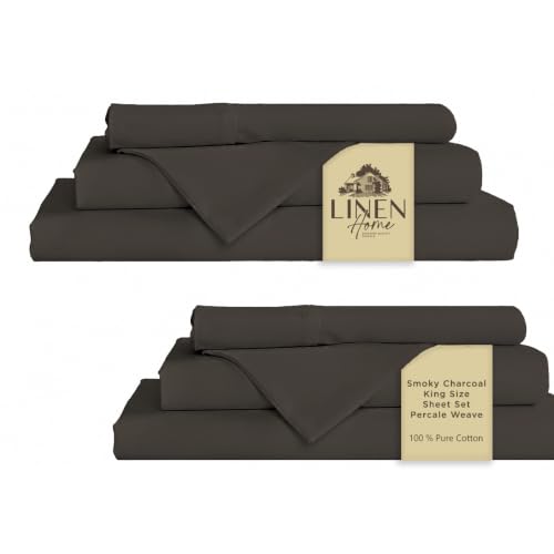 Image of Linen Home 2Pack King Sheet Set, 100% Cotton Percale Bedding, 8-Piece Value Bundle, Deep Pocket Cooling Bedsheets for Hot Sleepers, Breathable & Crisp Hotel Quality, Long-Staple Cotton, Smoky Charcoal