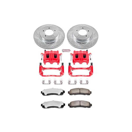Image of PowerStop Front Brake & Caliper Kit for Ford Explorer 2002-05 | Mercury Mountaineer 2002-05 - Drilled & Slotted Disc Rotors + Z36 Brake Pads + Red-Powder Coated Calipers, KC1931-36