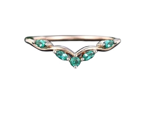 K O J Unique Curved Green Cubic Zirconia Engagaement Band for Women, Vintage Wedding Band in 925 Sterling Silver, Dainty Gift for Her