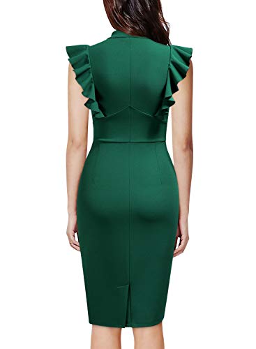 Image of Knitee Women's Vintage Ruffle Sleeve V-Neck Bodycon Evening Party Cocktail Pencil Sheath Dress