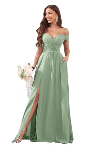 Image of Sukleet Women's Off Shoulder Bridesmaid Dresses Long Slit Chiffon Pleated Evening Formal Dress with Pockets