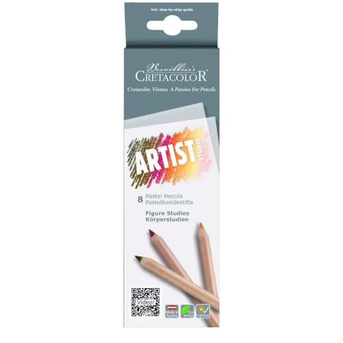Image of BRUSTRO Artists' Sketch Book Wiro Bound, Size A5 (5.8x8.3 in), 160 GSM, 116 Pages with Cretacolor Studio Line Pastel Pencil Set of 8, Figure Study Basics (Assorted) | Ideal for Sketching,Drawing