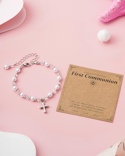 First Communion Gifts for Girls - Pearl Cross Bracelet for Girls First Holy Communion, Baptism, Confirmation Gifts for Teen Girls Granddaughter Daughter Niece3