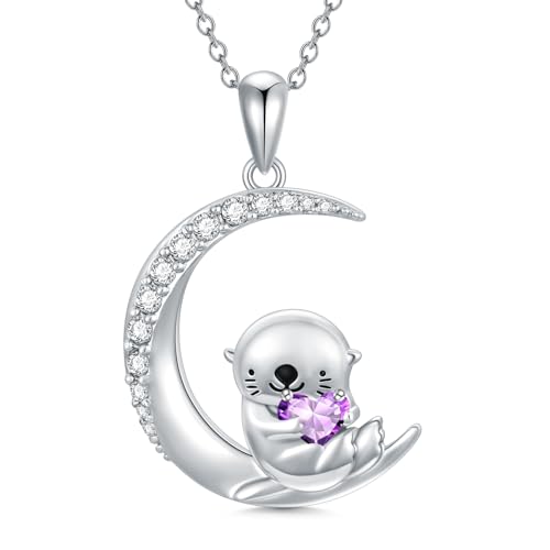 Image of PROESS Animal Birthstone Necklace 925 Sterling Silver Otter /Axolotl /Hippo /Elephant /Dachshund /Monkey /Red Panda Pendant Necklace Animal Birthstone Jewelry Gifts for Women
