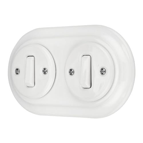 Interruttore a incasso in porcellana, stile retrò, a 2 scomparti, All-in-One, set serie PR1, bianco