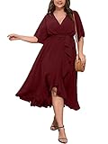 SCOMCHIC Women Plus Size Maxi Dress Short Sleeve Wrap V Neck High Low Split Ruffle Long Dress Burgundy