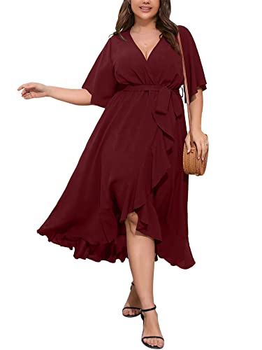 SCOMCHIC Women Plus Size Maxi Dress Short Sleeve Wrap V Neck High Low Split Ruffle Long Dress...