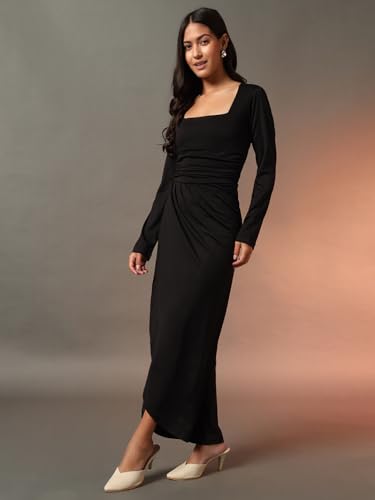 Image of Trend Arrest.ed Women's Bodycon Midi Dress | Square Neck Wrap Style | Stretchable | Full Sleeve Fitted Dress for Party, Evening, Casual Outings & Date Night