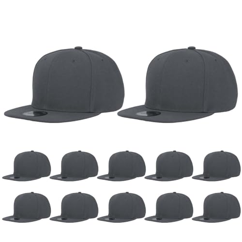 ZH Plain Flat Brim Snapback Baseball Caps Adjustable Blank Baseball Caps Wholesale 12 Pack (US, Alpha, Large, Dark Gray)