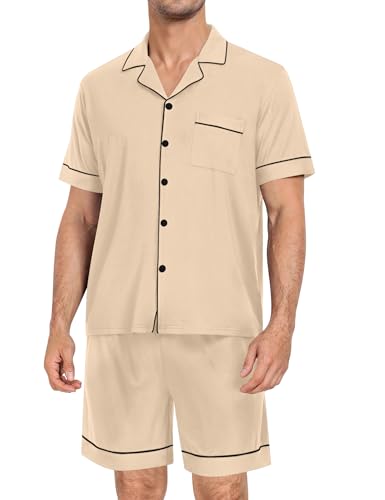 Image of SWOMOG Mens Pajama Set Short Sleeve 2 PCS Sleepwear Button Down Soft Loungewear Modal Set Pj Set with Pockets S-3XL