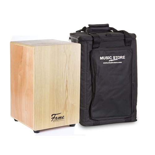 Fame Cajon-Set, Beginner Cajon mit Tasche, Natur Esche Holz, Matt Finish, Gitarrensaiten, 30x30x48 cm, inklusive Stimmschlüssel