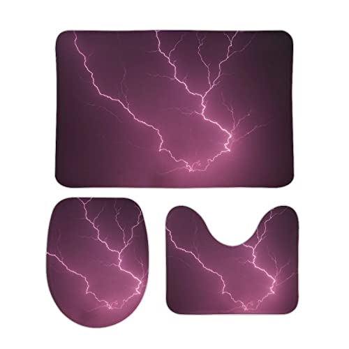 Badezimmer Badematte 3 Teilig Set,3D Lila Donnerschlag Saugfähige Teppich,WC-Deckelbezug,U-Förmige Matte 3-Teiliges… – Bild 3