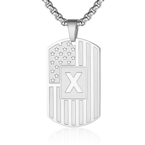 WINFY Initial A-Z Necklace for Men American Flag Dog Tag A-Z Pendant Stainless Steel Chain 22+2 Inches Personalized Patriotic Jewelry for Men（S-X）