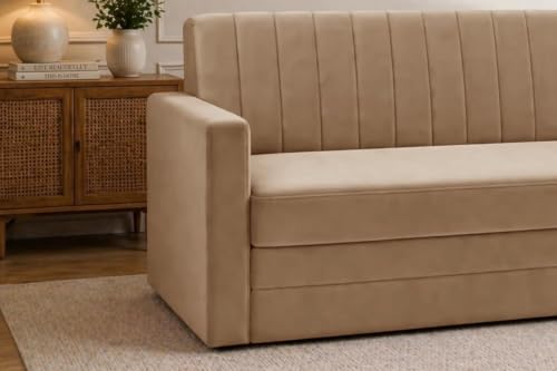 Image of Modern Velvet Three Seater Sofa Cum Bed with Armrest, Convertible Sleeper Couch Sofa for Living Room, Bedroom & Office - Golden
